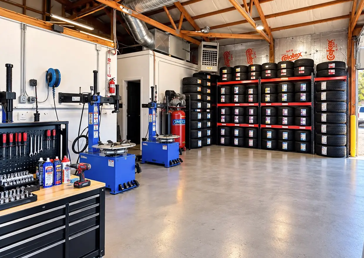 Inside the bay: two blue tire changers, a red air compressor, a tool chest and racks of tires