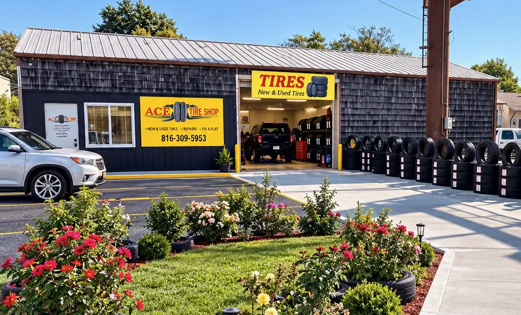 Ace Tire Shop from the drive: a black building with a yellow Ace Tire Shop sign, an open bay and a row of tires out front
